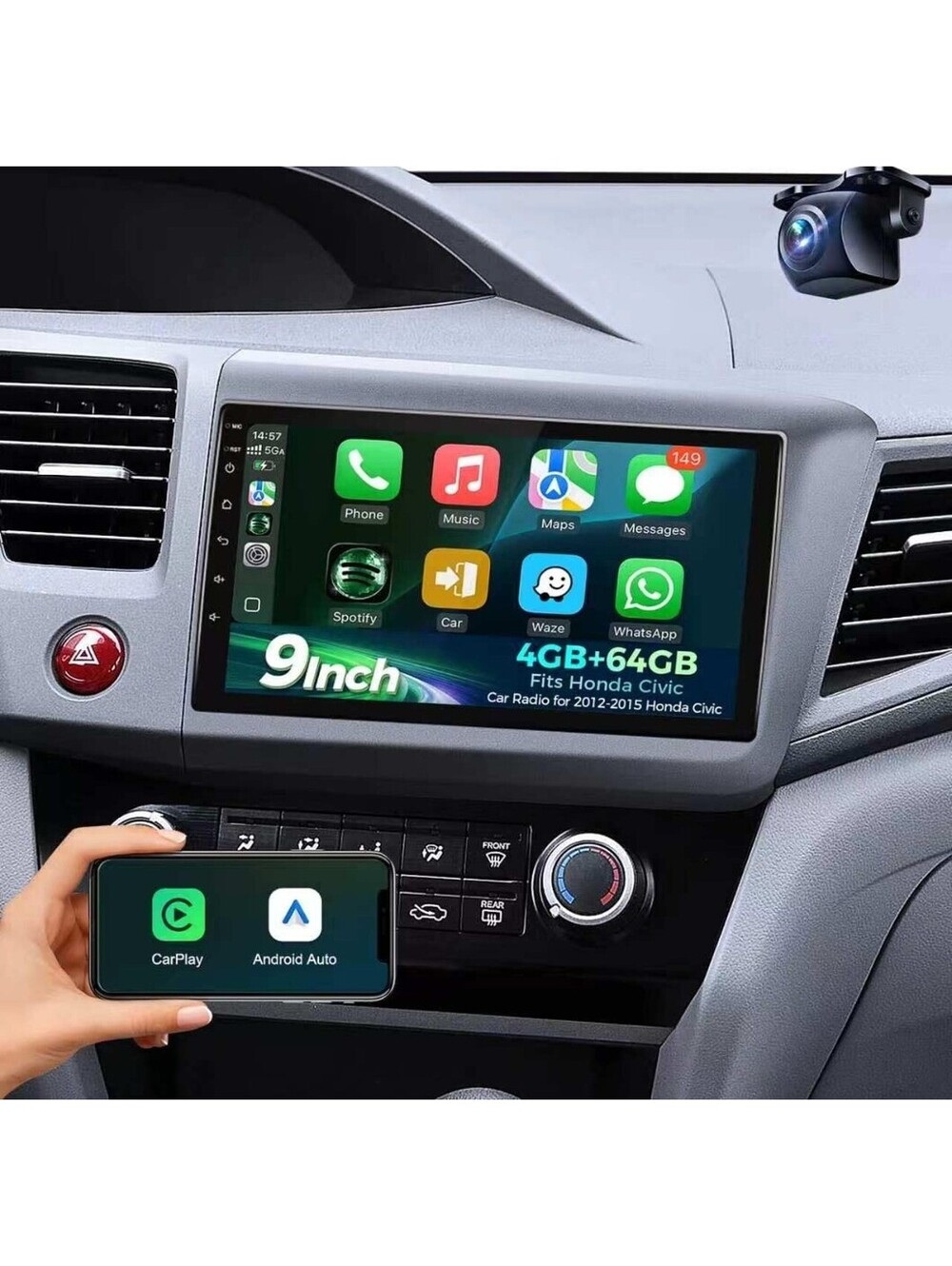 9" Wireless CarPlay & Android Auto Stereo for Honda Civic 2012-2015, Android 13